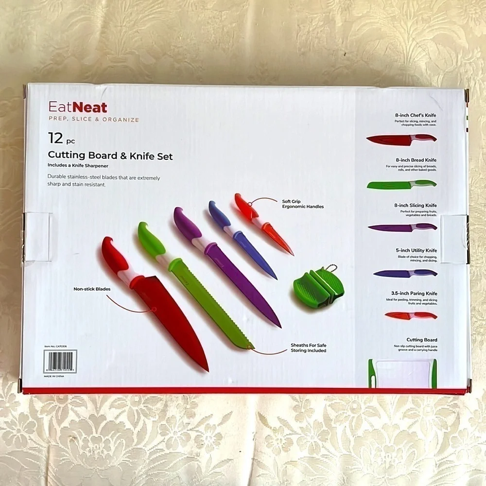 Brand New Colorful 12-Piece Kitchen Stainless Steel Knife Set w/ Cutting Board